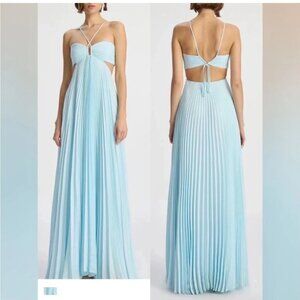A.L.C. Dress Moira Maxi Gown Pleated Halter Cutout in Aqua Blue